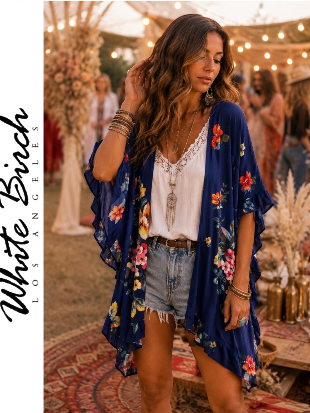 WHITE BIRCH Navy Floral Ruffle Boho Kimono Cover Up Peasant Hippie Size S/M